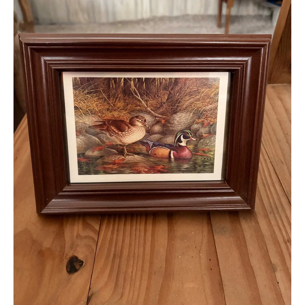 Vintage Wood Duck Nature Print in Brown Wood Frame Rustic Cabin Decor